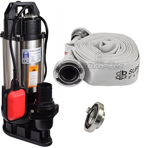 Agora-Tec® AT- Baupumpe-550W Tauchpumpe für Schmutzwasser, Fäkalien und organische Feststoffe mit Schwimmerschalter und max: 1,1 bar und max: 14500l/h inklusive C - STORZ Kupplung und (C-Schlauch: 10 Meter) von Agora-Tec