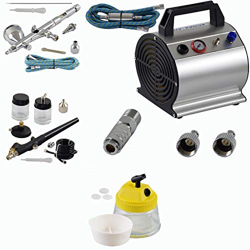 Agora-Tec® Airbrush Komplett-Set ADVANCED III für Airbrush inkl. Kompressor 3,1 bar und 20l/min & 0.3l Tank + 2 Airbrushpistolen + Clean Pot + 2 Schläuche + Adapter und 2 Schnellkupplungen von Agora-Tec