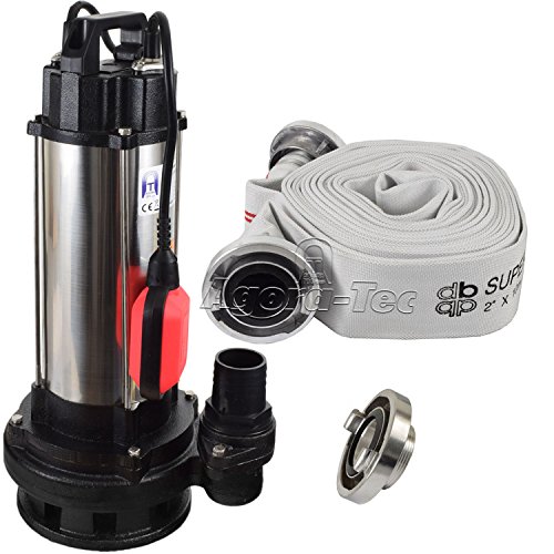 Agora-Tec® Baupumpe AT-1500W Tauchpumpe für Schmutzwasser, Abwasser, für Fäkalien und organische Feststoffe mit Schwimmerschalter und max: 2,6 bar und max: 19000l/h inklusive C - STORZ Kupplung und (C-Schlauch: 10 Meter) von Agora-Tec