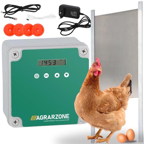 Agrarzone AUTOMATISCHE HÜHNERKLAPPE Batterie - Hühnertür 22 x 33 cm mit Timer, Manuell, Lichtsensor - Elektrische Hühnerklappe Automatisch - Türöffner für Hühnerstall Chicken Run von Agrarzone