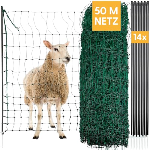 Agrarzone® Schafnetz Schafzaun mit Strom [Grün - 50mx90cm] - Weidezaun Elektro Netz - Mit Doppelspitze & Pfähle - Schutzzaun für Schaf Ziege Lämmer - Elektro Zaun Geflügelzaun Ziegenzaun Schafzäune von Agrarzone