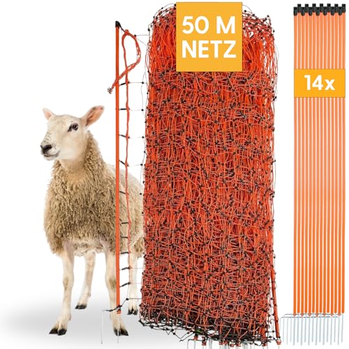 Agrarzone® Schafnetz Schafzaun mit Strom [Orange- 50mx108cm] - Weidezaun Elektro Netz - Mit Doppelspitze & Pfähle - Schutzzaun für Schaf Ziege Lämmer - Elektro Zaun Geflügelzaun Ziegenzaun Schafzäune von Agrarzone