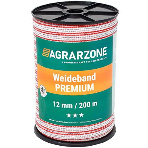 Agrarzone Weidezaunband Premium 200m, 12mm, weiß-rot | 4x0,30 TriCOND-Leiter für ausgezeichnete Leitfähigkeit am Elektrozaun | Stabiles Weidezaun-Breitband für Schaf-, Rinder- & Pferdezaun von Agrarzone