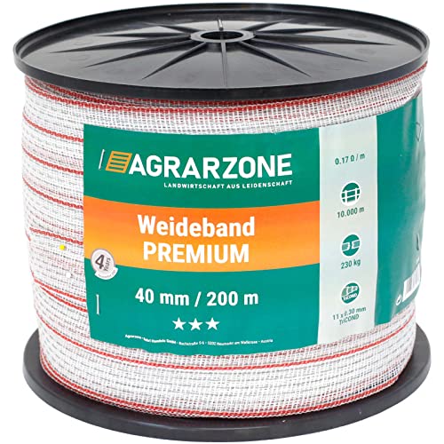 Agrarzone Weidezaunband Premium 200m, 40mm, weiß-rot | 11x0,30 TriCOND-Leiter für ausgezeichnete Leitfähigkeit am Elektrozaun | Stabiles Weidezaun-Breitband für Schaf-, Rinder- & Pferdezaun von Agrarzone