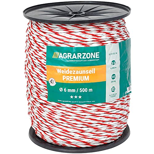 Agrarzone Weidezaunseil Premium 500m, Ø 6mm, weiß-rot | 6x0,30 TriCOND-Leiter für exzellente Leitfähigkeit am Elektrozaun & Weidezaun | Stabiles Zaunseil für Schaf-, Rinder- & Pferdezaun von Agrarzone