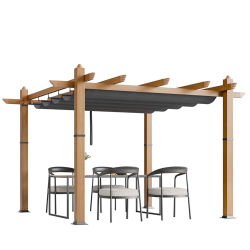 Agrestem Ausziehbare Outdoor-Pergola mit Baldachin, 3 x 3 m, verbesserte Holzmaserung, Aluminium-Pergola, moderner Pavillon für Hinterhof, Terrasse, Veranda, Traubenspalier, Grau von Agrestem