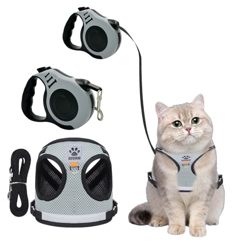 Katzengeschirr und Leine Set Ausziehbar Einziehbare Katze Hund Leine 16.4Ft / 5M Lange Linie Hundeleinen Reflektierend Verstellbar Ausbruchsicher Geschirr Weste (Grau, S) von Agvdg