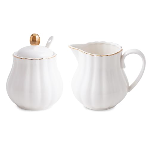 Agyiuns Keramik-Zucker- und Milchkännchen-Set, 3-teilig, mit Sahnekrug, Zuckerdose mit Deckel und Löffel, Kaffee- und Tee-Servierset (Weiß mit Goldlinie) von Agyiuns