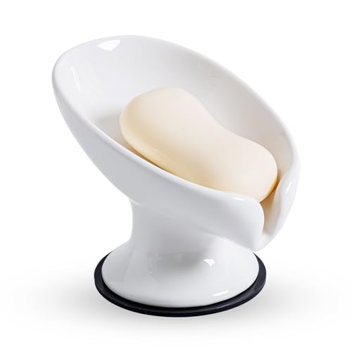 Agyiuns Seifenschale, Seifenhalter, selbstentleerend, Blattform, Seifenschale, weiße Keramik, Abtropfschale für Dusche, Badezimmer, Waschbecken, Küche (große Größe, Weiß, 1) von Agyiuns