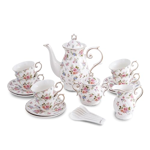 Agyiuns Tee-Set, 21-teiliges Porzellan-Teetassen und Untertassen, 6-teiliges Set mit Zucker- und Milchkännchen, Teekannen-Set für Erwachsene, Frauen, Teeparty (kleine zerkleinerte Blume) von Agyiuns