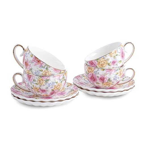 Agyiuns Teetasse und Untertassen, 180 ml, florale Keramik-Teetassen, Kaffee, Cappuccino, Espresso, Latte-Tassen für Party, Geburtstag, Weihnachtsgeschenk (rosa und gelbe Rosen) von Agyiuns