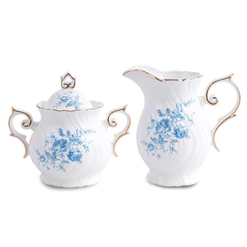Agyiuns Zucker- und Milchkännchen-Set aus Keramik, Krug und Zuckerdose mit Deckel, Zuckerwürfel, Kaffee oder Tee (weiß mit blauer Blume) von Agyiuns