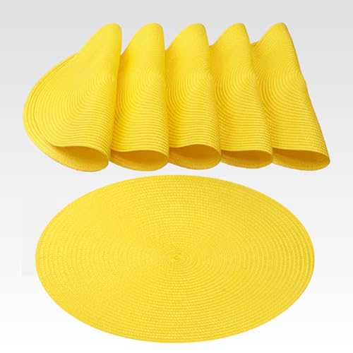 AGYO 6er Set Tischsets rund geflochten Ø 38 cm - Platzsets aus PP Sonnengelb, rutschfest, abwaschbar und rollbar - Moderne Dekoration für Tisch, Küche und Outdoor von Agyo