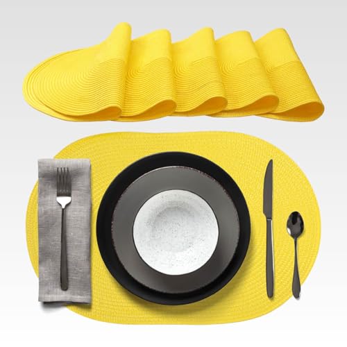 AGYO Set mit 6 ovalen Tischsets, geflochten, 44 × 29,5 cm, aus Polypropylen, Sonnengelb, rutschfest, waschbar und rollbar, elegant für Tisch, Küche, Garten AGYO Set mit 6 ovalen Tischsets, geflochten, 44 × 29,5 cm, aus Polypropylen, Sonnengelb, rutschfest, waschbar und rollbar, elegant für Tisch, Küche, Garten von Agyo