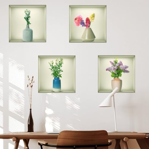 4 Stücke 3D Vase Wandaufkleber Pflanzen Wandtattoo Küche Wanddeko Geeignet zum Dekorieren von Schlafzimmern Wohnzimmern Türen und Fenstern Hotels und zum Abdecken Beschädigter Wände von AhLmA