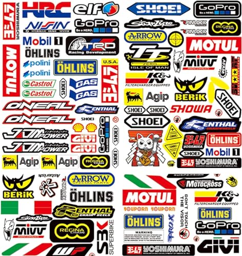 90-teiliges Motocross Aufkleber Sticker Motorrad Aufkleber Motorsport Helm Aufkleber Sponsoren Sticker Aufkleber Quad Aufkleber für Motorräder, Rennwagen, Helme und mehr(B) von AhLmA