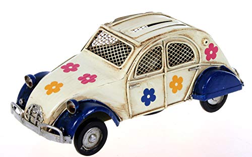 Metallauto geblümt dunkel blau beige 16 cm als Spardose Auto Metall PKW Oldtimer Ente Nostalgie Citroen 2CV von Aha