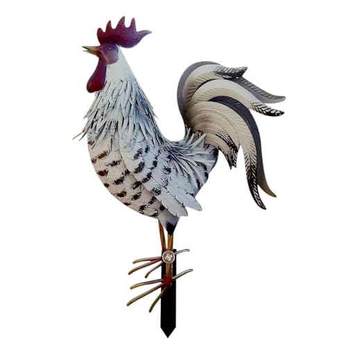 Ahagogo Garten Figur Hahn aus Metall, Deko Hahn Dekofiguren Garten Deko Gartenfiguren für außen Hühner Gartendeko Tiere Gartendeko Mit Erdspieß für sicheren Halt,Nicht dreidimensional (White) von Ahagogo