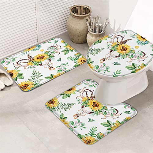 3-teiliges Badezimmerteppich-Set, Badematte, Aquarellmalerei, Rinderschädel mit Sonnenblumen, grünen Blättern und Federn, ultraweicher, rutschfester Badteppich, Konturmatte und Deckelbezug für Badew von Ahdyr