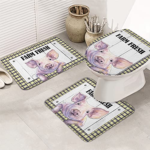 3-teiliges Badezimmerteppich-Set, Badematte, Bauernhof, frisch, lustiges rosa Schweinchen, Retro-Retro-Holzmaserung, mit Schrauben, gelb kariert, ultraweicher, rutschfester Badteppich, Konturmatte u von Ahdyr