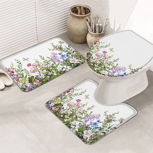 3-teiliges Badezimmerteppich-Set, Badematte, Retro-Kräuter-Grünpflanzen, wunderschöne Blumen, Aquarell-Illustration, ultraweicher, rutschfester Badteppich, Konturmatte und Deckelbezug für Badewanne, 3-teiliges Badezimmerteppich-Set, Badematte, Retro-Kräuter-Grünpflanzen, wunderschöne Blumen, Aquarell-Illustration, ultraweicher, rutschfester Badteppich, Konturmatte und Deckelbezug für Badewanne, von Ahdyr