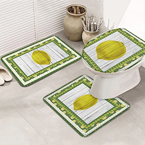3-teiliges Badezimmerteppich-Set, Badematte, Sommerfrische Zitrone, süßes Polka Dot Yellow Plaid, Retro-Holzmaserung, ultraweiche Konturmatte und Deckelbezug für Badewanne, Dusche und Badezimmer – 3-teiliges Badezimmerteppich-Set, Badematte, Sommerfrische Zitrone, süßes Polka Dot Yellow Plaid, Retro-Holzmaserung, ultraweiche Konturmatte und Deckelbezug für Badewanne, Dusche und Badezimmer – von Ahdyr