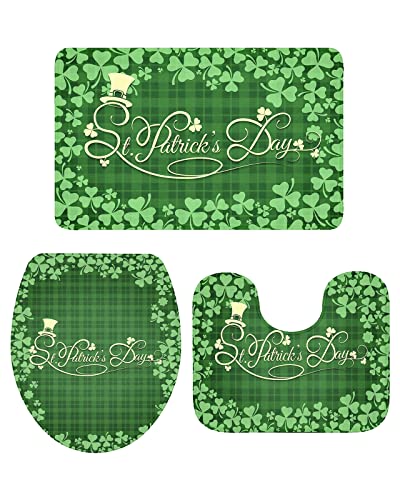 3-teiliges Badezimmerteppich-Set, Badematte, St. Patrick's Day und ein kleiner Hut auf Retro-Plaid, weicher, rutschfester Badteppich, Konturmatte und Deckelbezug für Badewanne, Dusche und Badezimmer 3-teiliges Badezimmerteppich-Set, Badematte, St. Patrick's Day und ein kleiner Hut auf Retro-Plaid, weicher, rutschfester Badteppich, Konturmatte und Deckelbezug für Badewanne, Dusche und Badezimmer von Ahdyr