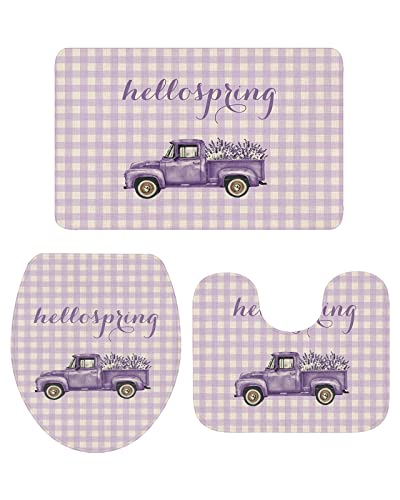 3-teiliges Badezimmerteppich-Set, Badematte „Hello Spring Purple Girly Aquarell Plaid Lavendel, weicher, rutschfester Badteppich, Konturmatte und Deckelbezug für Badewanne, Dusche und Badezimmer 3-teiliges Badezimmerteppich-Set, Badematte „Hello Spring Purple Girly Aquarell Plaid Lavendel, weicher, rutschfester Badteppich, Konturmatte und Deckelbezug für Badewanne, Dusche und Badezimmer von Ahdyr