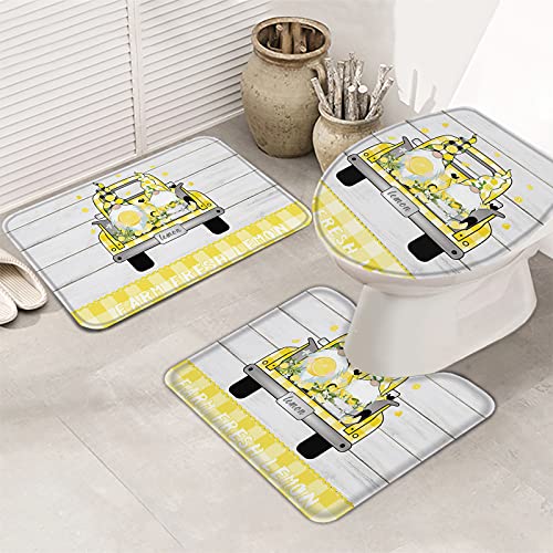 3-teiliges Badezimmerteppich-Set, Badematte „Welcome Farm Fresh Lemon Cute Gnome Truck Yellow Plaid Retro Wood Board, ultraweiche Konturmatte und Deckelbezug für Badewanne, Dusche und Badezimmer – 3-teiliges Badezimmerteppich-Set, Badematte „Welcome Farm Fresh Lemon Cute Gnome Truck Yellow Plaid Retro Wood Board, ultraweiche Konturmatte und Deckelbezug für Badewanne, Dusche und Badezimmer – von Ahdyr
