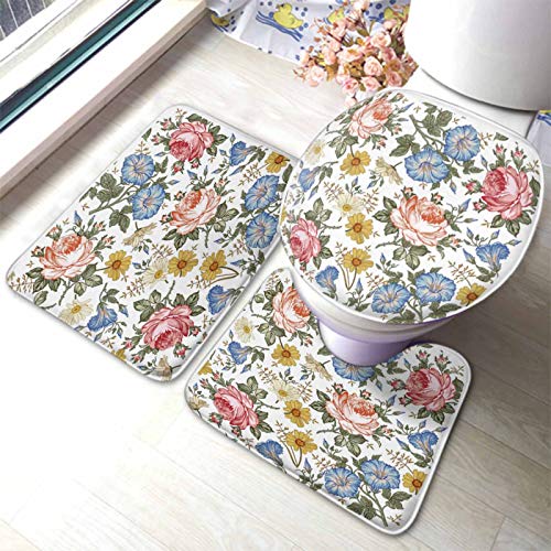 3-teiliges Badezimmerteppich-Set „Congratulations mit „Congratulations-Kalligraphie mit bemaltem rosa und goldgestreiftem Badvorleger, U-förmigem Konturteppich, Bodenmatte und Toilettendeckelbezug von Ahdyr