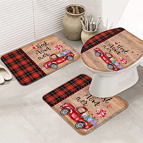Ahdyr 3-teiliges Badezimmerteppich-Set, Badematte, Happy Mother's Day Love Hortensie Tulip Blossom Truck Red Plaid, ultraweiche Konturmatte und Deckelbezug für Badewanne, Dusche und Badezimmer – Ahdyr 3-teiliges Badezimmerteppich-Set, Badematte, Happy Mother's Day Love Hortensie Tulip Blossom Truck Red Plaid, ultraweiche Konturmatte und Deckelbezug für Badewanne, Dusche und Badezimmer – von Ahdyr