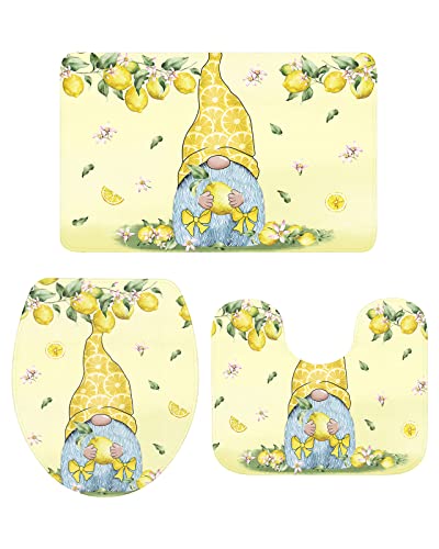 Ahdyr 3-teiliges Badezimmerteppich-Set, Badematte, Sommer-Zitrone, Obst, Gitterzwerg, weicher, Rutschfester Badteppich, Konturmatte und Deckelbezug für Badewanne, Dusche und Badezimmer von Ahdyr