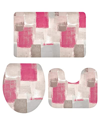 Ahdyr 3-teiliges Badezimmerteppich-Set, Badematte, abstraktes quadratisches Graffiti mit rosa Farbe, weicher, Rutschfester Badteppich, Konturmatte und Deckelbezug für Badewanne, Dusche und Badezimmer von Ahdyr