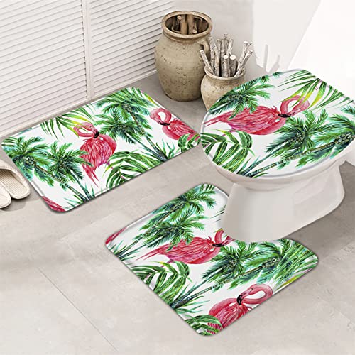 Ahdyr 3-teiliges Badezimmerteppich-Set, Badematte, rosa Flamingos und Kokosnussbaum, ultraweicher, Rutschfester Badteppich, Konturmatte und Deckelbezug für Badewanne, Dusche und Badezimmer – von Ahdyr