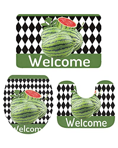 Ahdyr 3-teiliges Badezimmerteppich-Set, Badematte „Welcome Fresh Watermelon on Rhombus Plaid, weicher, Rutschfester Badteppich, Konturmatte und Deckelbezug für Badewanne, Dusche und Badezimmer Ahdyr 3-teiliges Badezimmerteppich-Set, Badematte „Welcome Fresh Watermelon on Rhombus Plaid, weicher, Rutschfester Badteppich, Konturmatte und Deckelbezug für Badewanne, Dusche und Badezimmer von Ahdyr