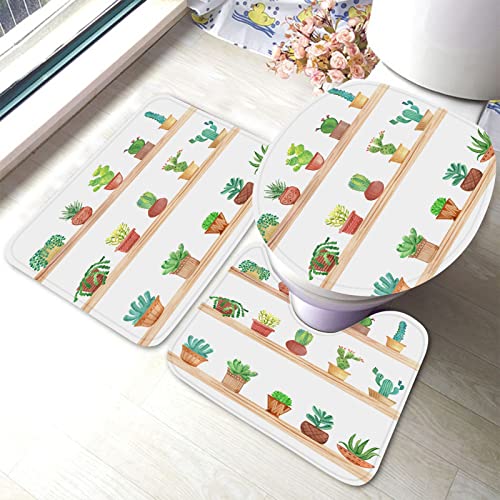 Ahdyr Aquarell-Kaktus-Badteppich-Set, 3-teilig, Verschiedene Formen, Topfpflanzen, Regal, Badematten-Set, Badteppich + U-förmiger Toiletten-Badeteppich + Toilettendeckel-Abdeckung, Badematte von Ahdyr