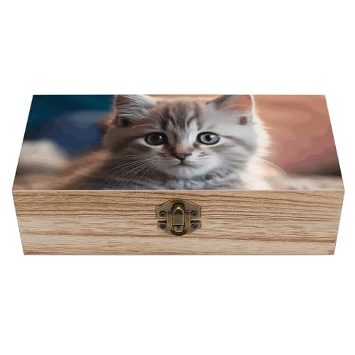 Ahdyr Aufbewahrungsbox aus Holz mit Klappdeckel und Frontverschluss. Großes Kätzchen, das auf dem Teppich liegt. Schmuckschatulle. Aufbewahrungsbehälter aus Holz. Schreibtisch-Organizer fürs Büro. von Ahdyr