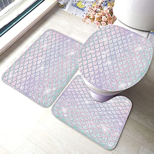 Ahdyr Badezimmerteppich-Set mit rosa Meerjungfrauenschuppen, 3-teiliges -Glitzer-Schuppen-Edelsteine, funkelndes Meer-Badematten-Set, Badvorleger + U-förmiger Toiletten-Badeteppich + Toilettendeckel- von Ahdyr