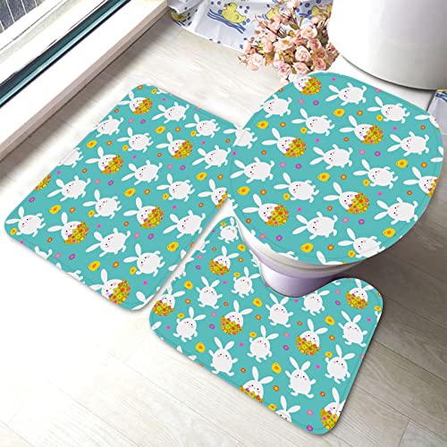 Ahdyr Badezimmerteppiche mit niedlichen Häschen, 3-teiliges Osterei-Blumen-Grün-Badematten-Set, Badvorleger + U-förmiger Toiletten-Badeteppich + Toilettendeckel-Abdeckung, Badematte von Ahdyr