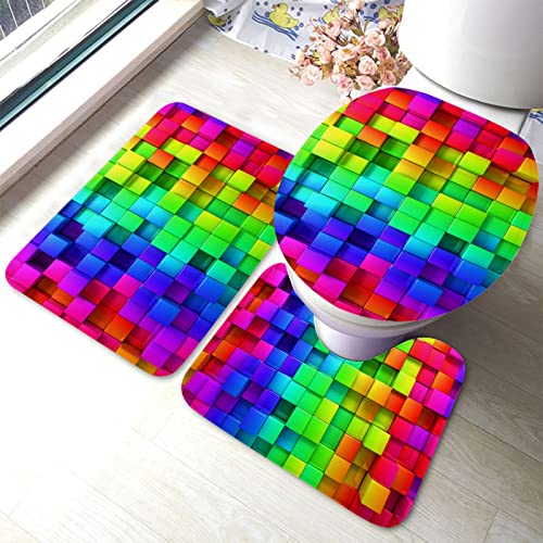 Ahdyr Bunter Backsteinmauer-Badteppich-Set, 3-teiliges Regenbogen-Geometrie-Plaid, abstraktes 3D-Badematten-Set, Badteppich + U-förmiger Toiletten-Badeteppich + Toilettendeckel-Abdeckung, Badematte Ahdyr Bunter Backsteinmauer-Badteppich-Set, 3-teiliges Regenbogen-Geometrie-Plaid, abstraktes 3D-Badematten-Set, Badteppich + U-förmiger Toiletten-Badeteppich + Toilettendeckel-Abdeckung, Badematte von Ahdyr