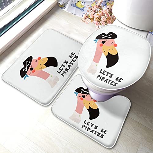 Ahdyr Flamingo Badematten-Set Lustiger Vogel Pirat im Dreispitz mit Wort Let's Be Pirates Badezimmermatte 3-teiliger Teppich WC-Sitz Deckelbezug rutschfeste Matte Anti-Rutsch-Pad von Ahdyr