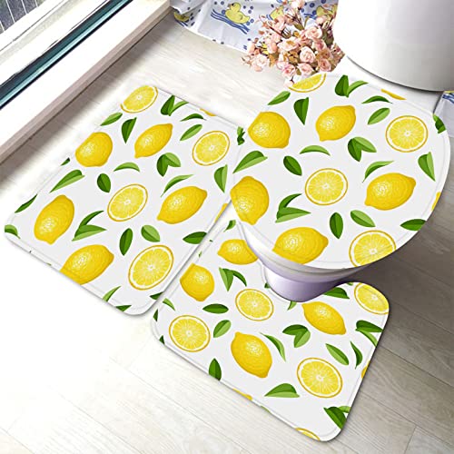 Ahdyr Gelbe Zitrone Badezimmerteppiche Matten Set 3-teilige grüne Blätter Vitamine frisch sauer Sommer Badematten-Set, Badvorleger + U-förmiger Toilettenvorleger + Toilettendeckelabdeckung Badematte von Ahdyr