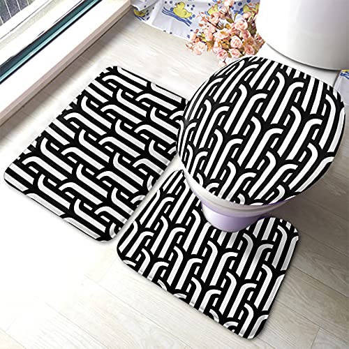 Ahdyr Gestreiftes Badematten-Set Geometrisch Retro Schwarz Weiß Klassische Linien Streifen Badezimmermatte 3-teiliger Teppich WC-Sitz Deckelabdeckung rutschfeste Matte Anti-Rutsch-Pad von Ahdyr