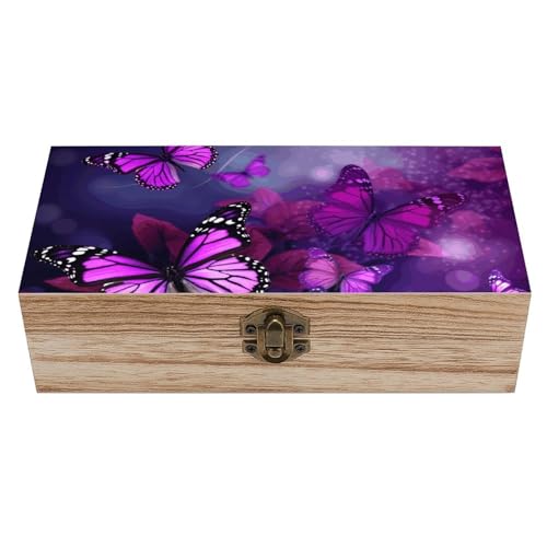 Ahdyr Lila Schmetterlinge Holzkiste Souvenir Aufbewahrungsbox aus Holz mit Deckel und Frontverschluss Büro Schreibtisch Organizer Behälter Andenkenboxen Erinnerungsbox Schmuckgewinn von Ahdyr