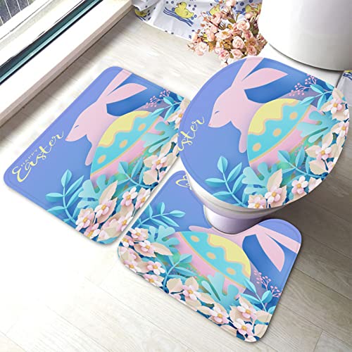 Ahdyr Lustiges Häschen-Badteppich-Set, 3-teilig, Frühlings-Naturblumen, Badematten-Set, Badvorleger + U-förmiger Toiletten-Badeteppich + Toilettendeckel-Abdeckung, Badematte von Ahdyr