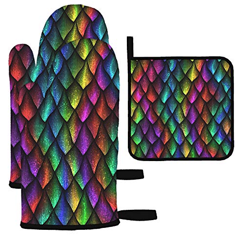 Ahdyr Ofenhandschuhe und Topflappen mit Pailletten, 3-teiliges Set, 3D-Meeresfischschuppen, bunt, Reptilienhaut, Meerjungfrau, Küche, hitzebeständige Handschuhe zum Kochen, Grillen von Ahdyr