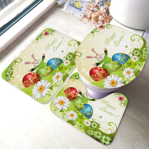 Ahdyr Osterhasen-Badteppich-Set, 3-teilig, mit Blumen verzierte Eier, Badematten-Set, Badvorleger + U-förmiger Toiletten-Badeteppich + Toilettendeckel-Abdeckung, Badematte von Ahdyr