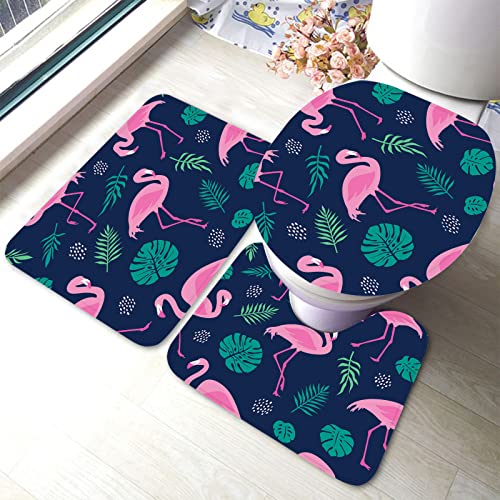Ahdyr Pink Flamingo Badezimmerteppiche Set 3-teiliges Badematten-Set mit tropischen Palmenblättern, Badvorleger + U-förmiger Toilettenteppich + Toilettendeckelabdeckung Badematte Ahdyr Pink Flamingo Badezimmerteppiche Set 3-teiliges Badematten-Set mit tropischen Palmenblättern, Badvorleger + U-förmiger Toilettenteppich + Toilettendeckelabdeckung Badematte von Ahdyr