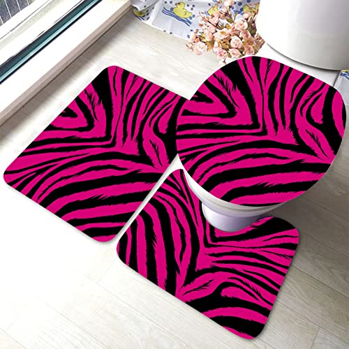 Ahdyr Pink Schwarz Zebra Fell Badezimmermatten Sets 3 Stück Hipster Fashion Stripes Markantes Badezimmer Antirutsch Pad Inklusive Badeteppich Konturmatte Toilettendeckelabdeckung von Ahdyr