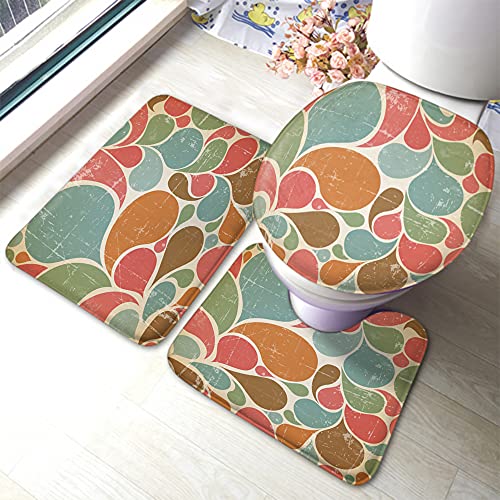 Ahdyr Regentropfen-Badematten-Set Retro Bunte Wassertropfen Doodle Splash Polka Dot Drip Spot Badezimmermatte 3-teiliger Teppich Toilettensitzdeckelbezug rutschfeste Matte Anti-Rutsch-Pad von Ahdyr